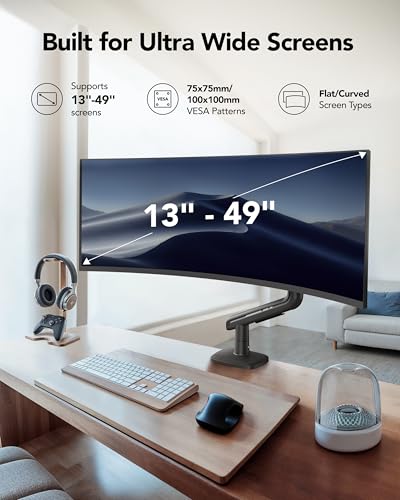 HUANUO TitanLift Heavy Duty Monitor Arm for Screens up to 49", Holds 44 lbs, Aluminum Ultrawide Screen Monitor Mount, Fully Adjustable Single Gaming Desk Mount with Dual C-Clamp, Max VESA 100x100mm
