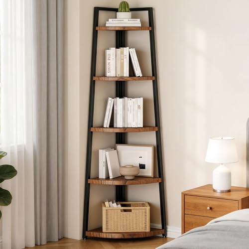 Soild Wood Corner Shelf, 5 Shelf Bookcase for Bathroom & Living Room, Tall Corner Bookshelf with Ladder Design, Space Saving Corner Bookcases (Brown) - color: Brown