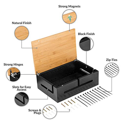 Cable Management Box Bamboo 12.6x7.9x4.3in, Black, Wall Mount Kit Included - color: Black