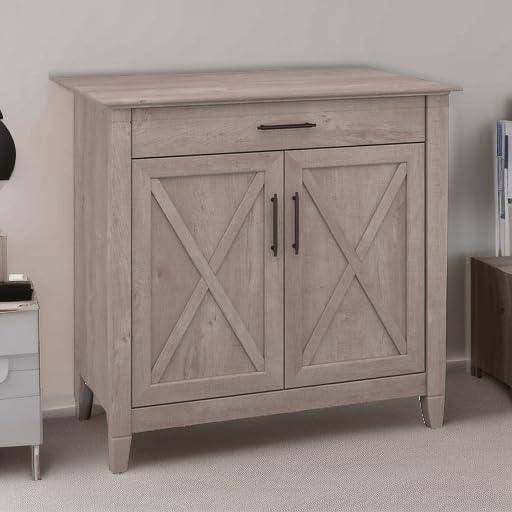 Bush Furniture Key West Secretary Desk with Keyboard Tray and Storage Cabinet in Washed Gray