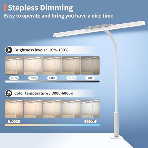 LED Desk Lamp with Clamp, 12W Brightness Office Desk Light for Home Office | Eye-Caring Adjustable Brightness Table Lamp with 3 Lighting Modes, Clip on Light for Study, Computer Work, Reading - color: White