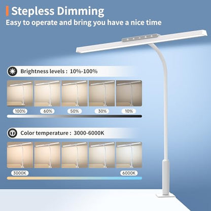 LED Desk Lamp with Clamp, 12W Brightness Office Desk Light for Home Office | Eye-Caring Adjustable Brightness Table Lamp with 3 Lighting Modes, Clip on Light for Study, Computer Work, Reading - color: White