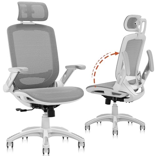 GABRYLLY Ergonomic Office Chair, High Back Home Desk Chair with Headrest, Flip-Up Arms, 90-120° Tilt Lock and Wide Cushion, 300LBS Mesh Chairs for Man Woman, White Task Chair(Dark Grey,GY01WDG) - color: White Frame Dark Grey Mesh