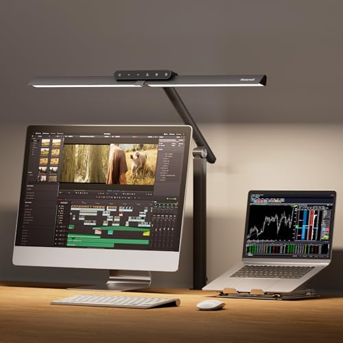 Honeywell HJ1 Sunturalux LED Clamp Desk Lamp 1200LM for Home Office | CRI≥97, 3000K-5700K, Low Blue Light, Flicker-Free, Dimmable Task Desk Light for Computer, Black - style: Black Clamp