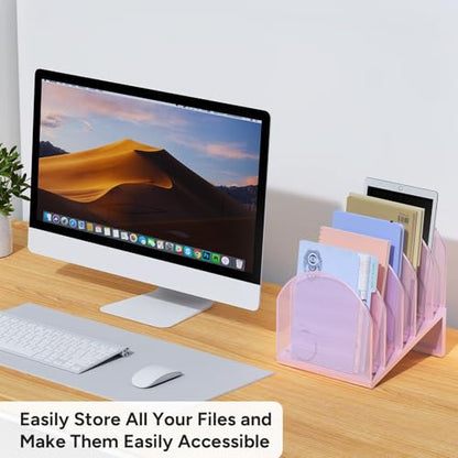 5-Section Desk File Organizer | Metal Mesh Folder Organizer for Documents, Mail & Office Papers (Pink) - color: Pink