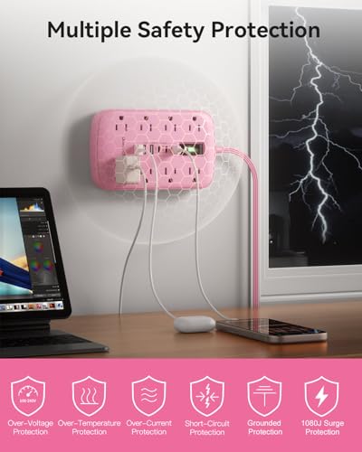 Pink Extension Cord with 6 USB(3 USB-C) 8 Outlets, Flat Plug Power Strip - size: 5 FT-Pink-Three Prong