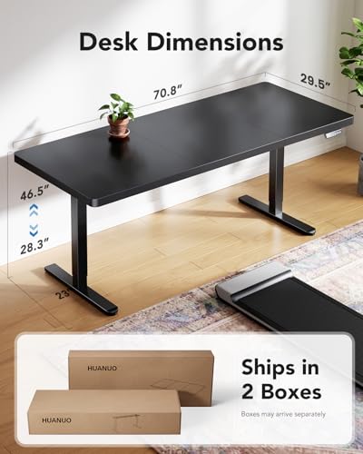HUANUO 71x30 Inch Large Electric Standing Desk, Height Adjustable, Black | Spacious Gaming Electric Desk, 220lbs Carbon Steel Frame with <55dB Brushless Motor & 4 Height Presets. Ships in 2 Packages - color: Black, size: 71" X 30"