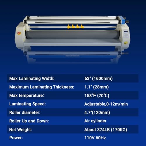 65" Full-Auto Cold & Heat Assisted Laminator Machine with 4 Trimmers, Max Speed 40ft/min, 63" Max Width, 1.1" Max Thickness, Infrared Heating, (Requires Air Compressor, Not Included),1700-B2
