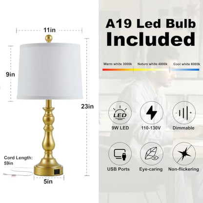 Gold Table Lamps Set of 2, Gold Lamps for Bedroom, USB C+A Ports - color: F. White Shade & Gold Base