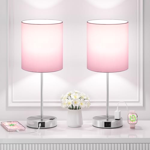 17.6" Pink Touch Lamps for Bedroom Set of 2 - Dimmable, USB C+A, AC Outlet | Large 17.6" Tall Lamp, 3-Way Dimming, 5000K Daylight Bulbs, Pink Lampshade Silver Base, Decor for Living Room, Boys, Girls - color: Pink