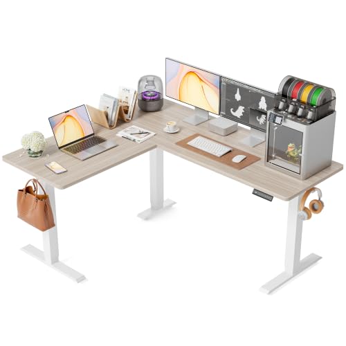FEZIBO 63" x 55"L Shaped Standing Desk Adjustable Height, Electric Stand up Corner Computer Desk, Sit Stand Home Office Desk with Splice Board, Light Walnut Top/White Frame - color: Light Walnut, size: 63x55