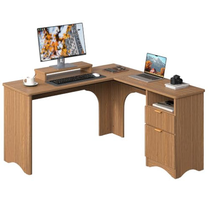 Bestier 55" L Shaped Desk with Monitor Stand & File Drawer, Brown Oak - color: Brown Oak