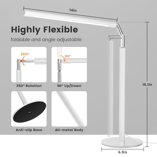 SIBRILLE White LED Desk Lamp, 16" Dimmable Metal Desk Light with Base, 15W 1200LM, Adapter Included, Color & Brightness Adjustable, Modern Tall Table Lamp for Home Office Reading Study Task Laptop - color: White