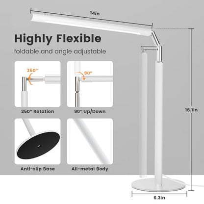 SIBRILLE White LED Desk Lamp, 16" Dimmable Metal Desk Light with Base, 15W 1200LM, Adapter Included, Color & Brightness Adjustable, Modern Tall Table Lamp for Home Office Reading Study Task Laptop - color: White