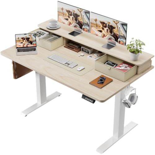 Veken 47x28 in Electric Standing Desk with Drawers, Adjustable Table, Wood | Stand up Computer Desk for Home Office, Work & Study, with Storage, 3 Memory Presets, Cable Organizer, Hook, and Quiet Lift. - color: Wood, size: 47.2×28 Inch