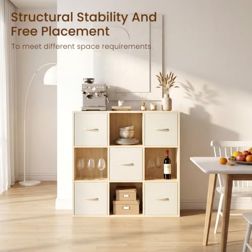 EXPERLAM 9 Cube Storage Organizer - Solid Wood Bookshelf with 5 Storage Bins, Cube Shelf with 3 Removable Back Panels, Vertical or Horizontal Bookcase, Open Book Shelf for Bedroom, Living Room, Office - size: 9 Cube Shelf