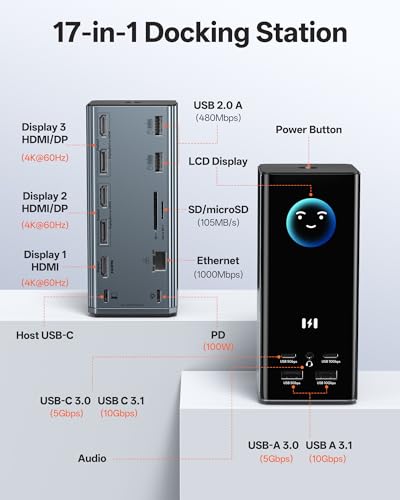 Selore Laptop Docking Station 3 Monitors, Triple 4K Display 3 HDMI 2 DP, Smart Display with Weather,100W PD, 10Gbps USB A/C, Gigabit Ethernet, SD/microSD Reader for Dell/HP/Lenovo/Asus/Acer - color: Space Grey