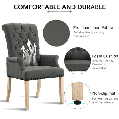 LOULENS Linen Dining Chair with Arms, Tufted Dining Room Chairs, Dark Grey | Solid Wood Legs, Nailhead Trim, Accent Chair, Kitchen Chair - color: Dark Grey-a, size: 1 PCS