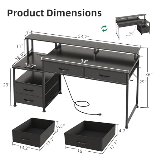 MUTUN 53" Computer Desk with 4 Drawers & Power Outlets, Reversible Home Office Desk with Monitor Stand & Printer Stand, Gaming Desk with Led Lights, Study Writing Work Desk Table for Bedroom (Black) - color: Black