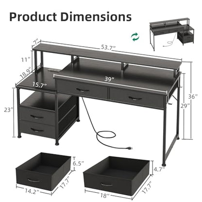 MUTUN 53" Computer Desk with 4 Drawers & Power Outlets, Reversible Home Office Desk with Monitor Stand & Printer Stand, Gaming Desk with Led Lights, Study Writing Work Desk Table for Bedroom (Black) - color: Black