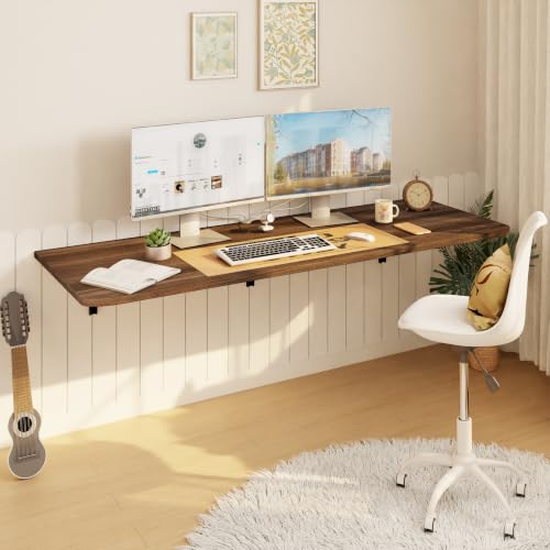 IAE Wall Mount Folding Desk,Floating Computer Desk for Small Spaces,Walnut | 55x22in engineered wood desktop with metal brackets, folds flat to save space in home office, apartment and laundry room - color: Walnut, size: 55"*22"