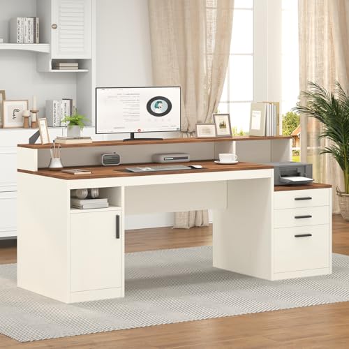 65" Computer Desk with 3 Drawers & Printer Shelf for Home Office | Office Desk with Printer Shelf & File Drawer, Executive Desk Writing Study Table with Monitor Stand, Brown & White - color: Antique White