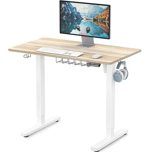 SHW 40 x 22 Inches Electric Height Adjustable Sit to Stand Desk, Maple | with Hanging Hooks and Cable Management, White Frame and Maple Top - color: Maple, size: 40-Inch