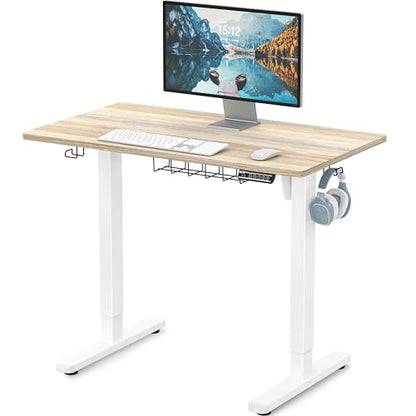 SHW 40 x 22 Inches Electric Height Adjustable Sit to Stand Desk, Maple | with Hanging Hooks and Cable Management, White Frame and Maple Top - color: Maple, size: 40-Inch