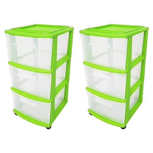 HOMZ Drawer Tower, 3-Tier Storage Cart with Removable Wheels, Lime, 2 Pack - color: Bold Lime, size: 2 Pack