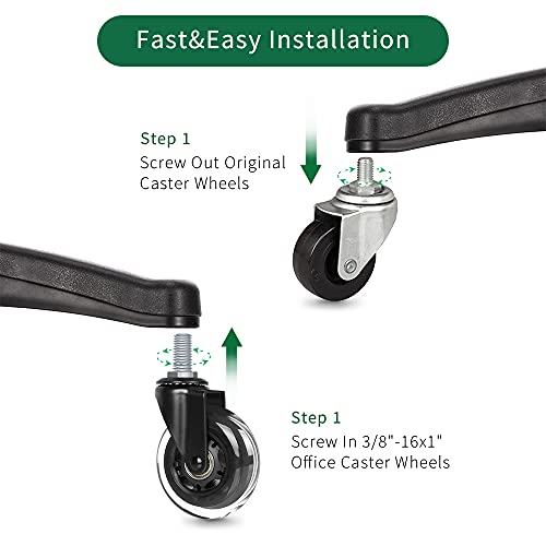 8T8 3" Office Chair Caster Wheels Heavy Duty, Set of 5, 3/8"-16x1 (Not Metric M10), Threaded Stem Casters with Set Screw, Replacement PU Rubber Wheels, Safe for Hardwood Tile Floors - style: Nut Inserts