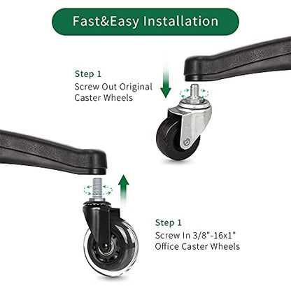 8T8 3 Inch Office Chair Caster Wheels Heavy Duty, Set of 5, 3/8"-16x1 (Not Metric M10), Threaded Stem Casters with Nuts, Replacement PU Rubber Wheels, Safe for Hardwood Tile Floors - style: Hex Nuts