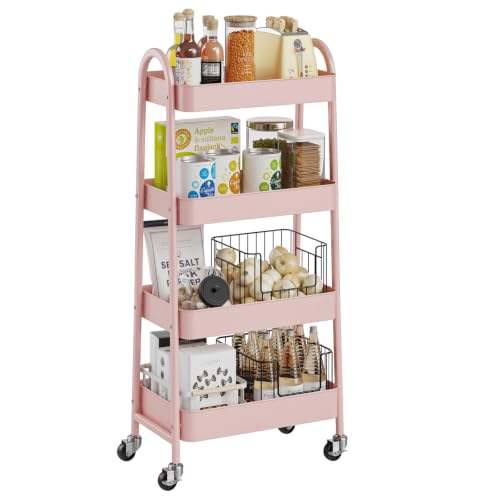 DUMOS 4 Tiers Rolling Utility Cart, Storage Organizer, Shelving Unit | Metal, Lockable Wheels, Mobile, Kitchen, Bathroom, Laundry, Narrow Places, Pink - color: 4-tier Cute Pink