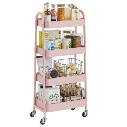DUMOS 4 Tiers Rolling Utility Cart, Storage Organizer, Shelving Unit | Metal, Lockable Wheels, Mobile, Kitchen, Bathroom, Laundry, Narrow Places, Pink - color: 4-tier Cute Pink