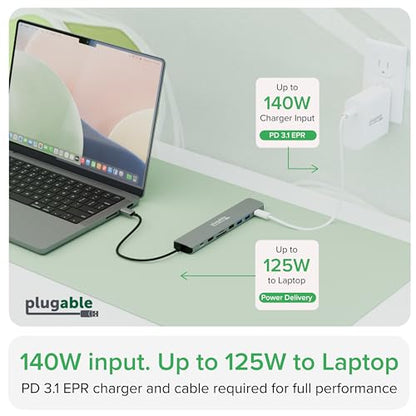 Plugable USB C Hub Multiport Adapter: 9-in-1 with 140W PD Charging, 4K 60Hz HDMI, 10Gbps Data Transfer, Gigabit Ethernet, SD for USBC, USB4, Thunderbolt MacBook, Windows, Chromebook (USBC-9IN1E)