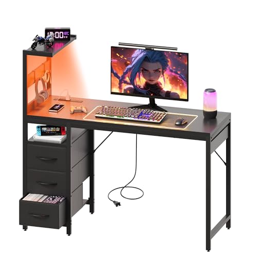 40 Inch Small Gaming Computer Desk with Led Lights & Storage Shelf, Black | Reversible, Power Outlets, 3 Drawers, Carbon Fiber, PC Desk, Mesa Gamer, Compact Desk for Small Space, Bedroom, Home Office - color: Black, size: 40 Inch