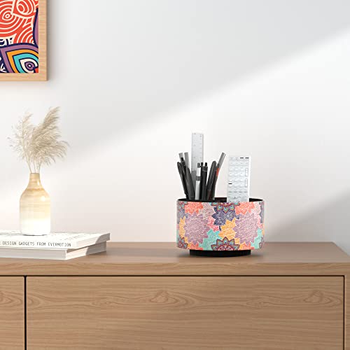 Round Leather Art Supply Organizer,Remote Control Holder,360 Degree Rotating,Multi-Functional Pencil Holder,4 Compartments Desktop Stationary Organizer(1-Colorful Flower) - color: 1-Colorful Flower