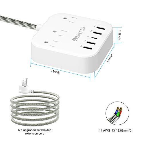 Surge Protector Power Strip, 10FT Extension Cord, 3 Outlets 4 USB-A 1 USB-C (5V/3A), 45° Flat Plug Wall Mountable for Home Office, Dorm, Cruise Ship, Nightstand - size: 10FT