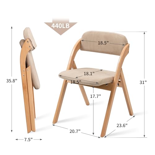 Folding Chairs with Padded Seats | Wooden Stackable Dining Chair Set of 2 with Removable Cover Extra for Guests Kitchen Office Wedding Party Picnic, Khaki - color: Khaki, size: 2PCS