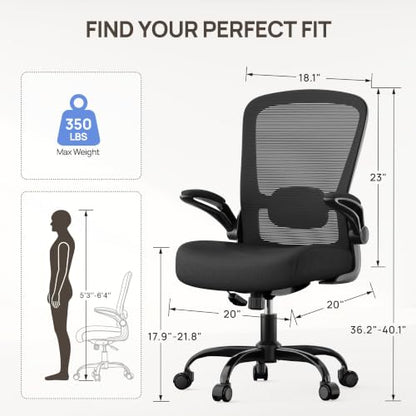 Ergonomic Office Chair w/Adjustable Lumbar, Flip Armrest, 135° Recline - color: Black-black Frame