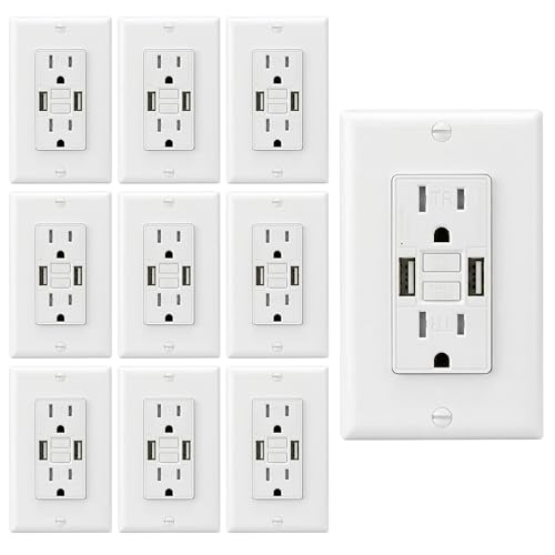 15 Amp GFCI Outlet with Dual USB-A Ports, Tamper-Resistant Receptacle, Automatic Self-Test & LED Indicator, Includes Wall Plate & Screws, ETL Listed, White, 10-Pack