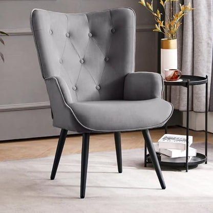 Furniliving Modern Accent Chair, Velvet Tufted Button Wingback Chair Upholstered Side Armchair Comfy Lounge Chair with Tapered Legs Sofa Leisure Chair for Home Office/Living Room/Bedroom, Grey - color: Grey, size: Set of 1