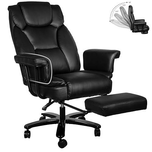 Reclining Office Chair with Footrest, Big and Tall Home Office Desk Chairs 400lbs with High Back, Criss Cross Wide Seat, Heavy Duty Base, Pu Leather, Black - color: Black