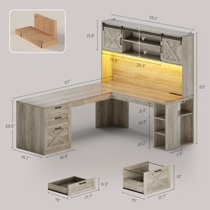 SEDETA 67" Farmhouse L Shaped Desk with Hutch, Grey - color: Grey, size: L Shaped Desk with Hutch (67")