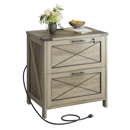 DEVAISE Wood Lateral File Cabinet, 2 Drawer Filing Cabinet, Gray Oak | Lock & Charging Station, Farmhouse Wooden Printer Stand with Large Storage, Fits A4/Letter/Legal Hanging Files, Home Office - color: Gray Oak