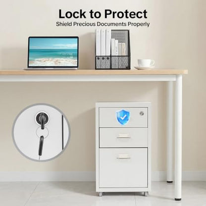 3-Drawer Metal Vertical File Cabinet, Narrow Mobile File Cabinet with Lock and 2 Keys, Under Desk Storage Drawer for Study Home-11 * 16 * 18.3in (White) - color: White