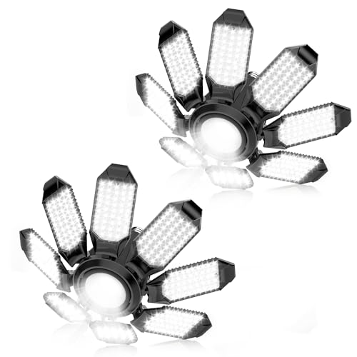 Garage Lights - 2 Pack Ultra Bright Garage Lights Ceiling Led w/ 8 Deformable Panels 6500K Led Light Bulbs Srew in E26/E27 Socket with Adjustable Center Spotlight for Barn Workshop Attic - size: 250W - 2Pack