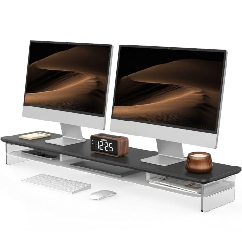 Fenge 42.5" Dual Monitor Stand with Clear Acrylic Legs, Black | Clear Acrylic, Storage Compartment, 2-tier Home Office Monitor Riser, Wide Large Desktop Shelf Fit Monitor/Laptop/Printer - color: Black, size: 42.5in