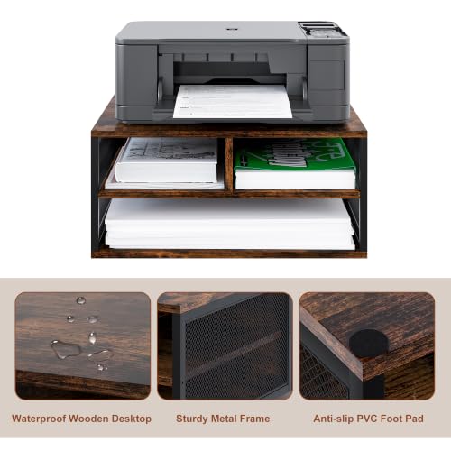 2 Tier Printer Stand with Storage, Wooden Printer Shelf with Metal Frame, Desktop Paper Organizer for Home Office, Multi-Functional Desk Rack for Fax Scanner, Brown