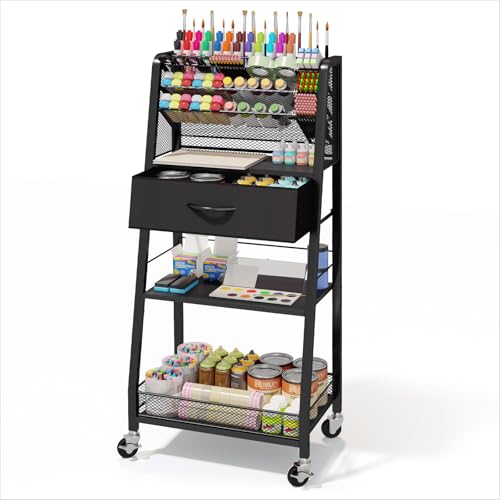 Homsorout 3 Tier Rolling Cart - Metal Utility Cart with Storage Drawer and Wheels, Versatile Art & Craft Organizer for Home, Office, or Studio - Ideal for Storing Brushes, Paints, and Supplies（Black） - color: Black