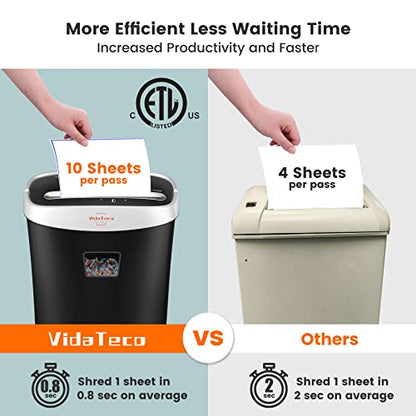 VidaTeco Paper Shredder for Home Office Heavy Duty with 60 Mins Running with US Patented Cutter,Shred CD/Card with Extra Large Bin,AUTO Jam Proof(ETL) (10-Sheet Micro-Cut)